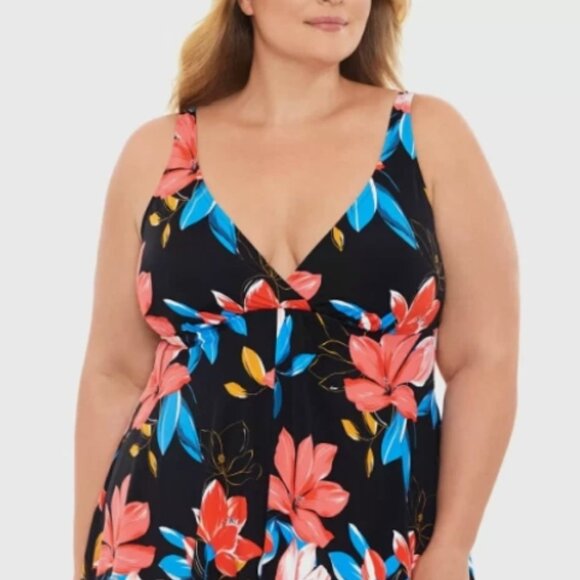 NWT! Swim Solutions Multi Color Floral Slimming One Piece Swimdress Swimsuit NEW - Picture 4 of 5